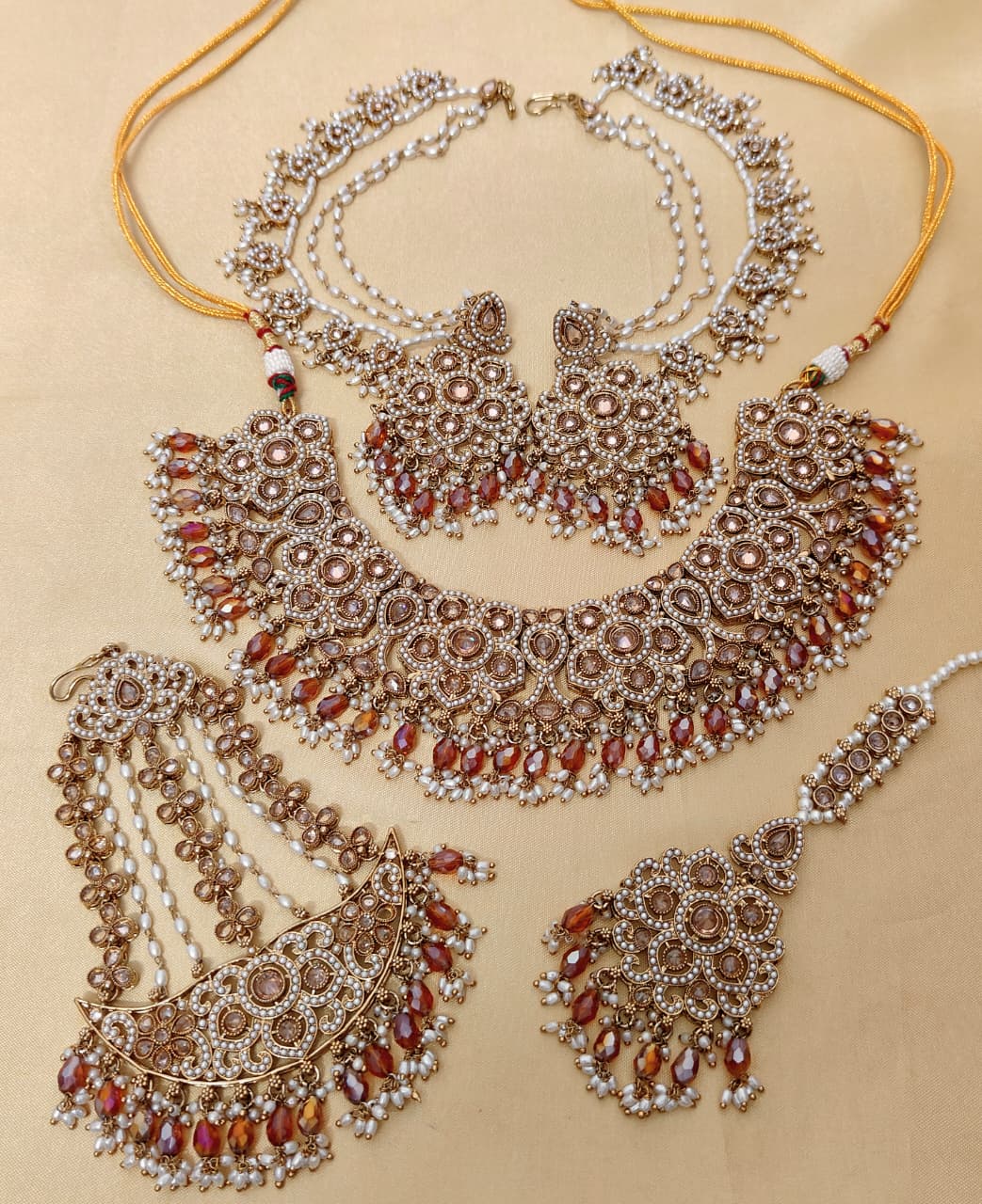 Beautiful Premium Quality Reverse Ad Stone Work Pakistani Necklace With Bahubali Earrings And Tika w